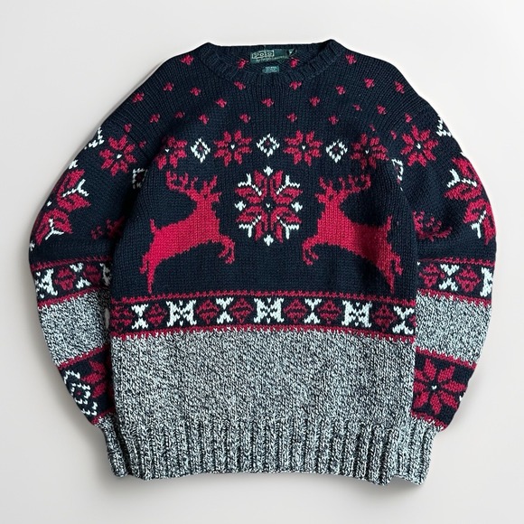 Vintage Polo Ralph Lauren Sweater Mens Large Wool Linen Silk Christmas Deer Snow